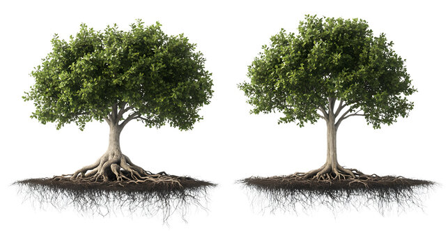 3D Trees with Roots Isolated on Transparent or White Background