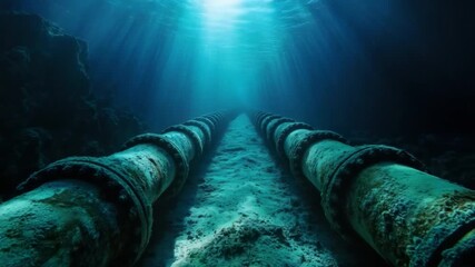 Poster - Underwater Pipe Structure in Deep Blue Ocean with Rays of Light Shining Through Water 4k video footage