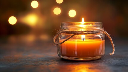 Canvas Print - a lit candle in a glass jar sits on a dark surface with bokeh lights in the background.