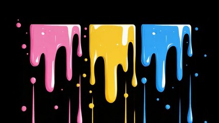 Poster - Colorful Drips of Paint in Pink, Yellow, and Blue Against a Dark Background for Artistic Designs and Creative Projects 4k video footage