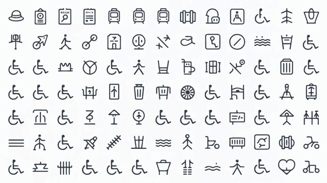 A collection of 80 thin line icons arranged in 10 rows against a white background. The icons are travel and tourism-related symbols rendered in black outline 