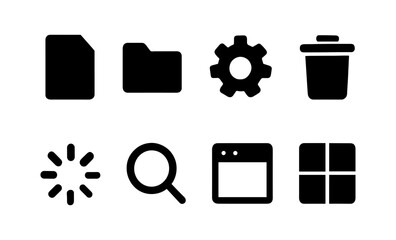 Poster - Minimalist black icons set: file, folder, gear, trash, loading, magnifying glass, browser, window