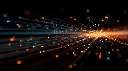 Leinwandbilder - Futuristic fiber optic light burst, blue orange glowing strands, dynamic tech background, digital network connection, high - speed data transfer, cyber space concept, abstract innovation design