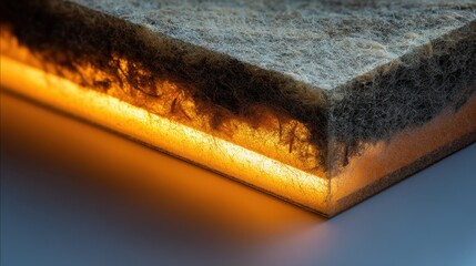 Poster - Orange light illuminates the edge of an aramid fiber panel, highlighting the contrast between the rough, untreated surface and the sleek, sealed finish, emphasizing the advanced technology
