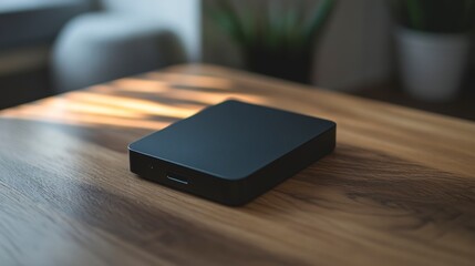 Poster - Black external hard drive sits on a wooden table in sunlight.