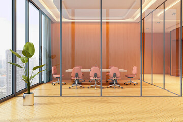 Poster - Modern corporate boardroom with glass walls, wooden floors, and city view in luxury office interior design. 3D Rendering