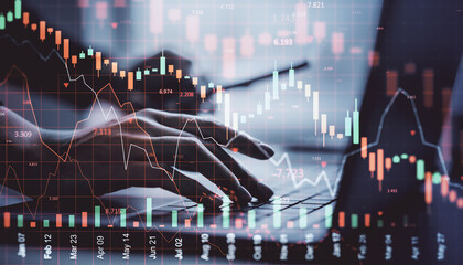 Poster - Hands typing on laptop with financial stock market crash charts and graphs overlaid, indicating global economic crisis and business downturn..