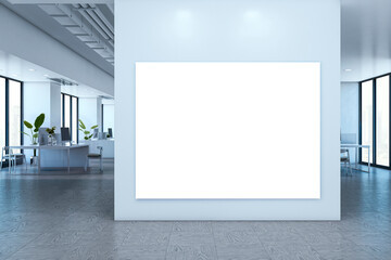 Fototapete - Blank white display board on wall in modern corporate office interior with large windows and city view in background. 3D Rendering