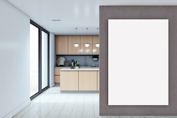 Fototapete - Vertical blank poster frame mockup on gray wall in bright modern kitchen interior with wooden cabinets, island, and large window background. 3D Rendering