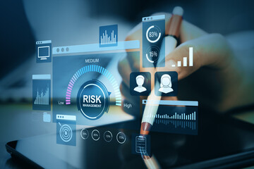 Poster - Digital risk management dashboard interface showing financial data analysis and user metrics on mobile tablet screen in a corporate environment.