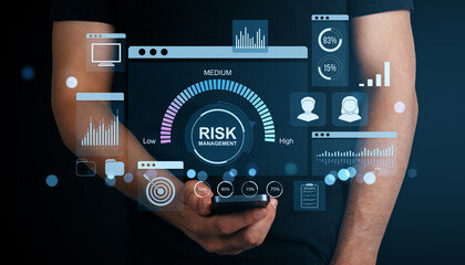 Poster - Digital risk management interface with financial data analysis icons on smartphone screen in futuristic corporate technology concept.