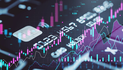 Poster - Digital finance concept with credit card chip and colorful forex market graphs on abstract background with financial data overlay.