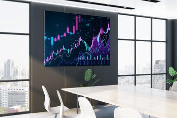 Fototapete - Modern corporate meeting room with digital screen showing financial stock market analysis charts, interior with city view in daylight. 3D Rendering