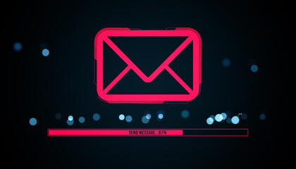 Fototapete - Neon red email envelope icon with progress bar on dark digital background representing online message sending process and communication technology. 3D Rendering
