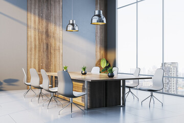 Poster - Modern corporate conference room interior with wooden walls, large windows, white chairs, and green plants overlooking a city view. 3D Rendering