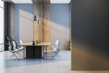 Poster - Modern executive boardroom with wooden accents and minimalist design featuring clean lines, white chairs and blank wall for corporate mockup. 3D Rendering