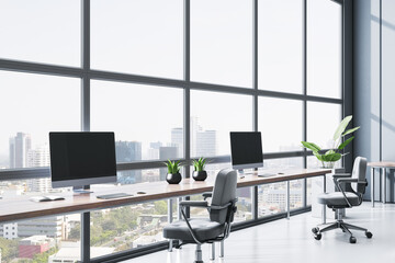 Poster - Modern empty office interior with minimalistic furniture and panoramic city view through large glass windows on a bright sunny day. 3D Rendering