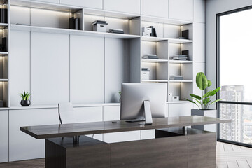 Poster - Modern executive office interior with wooden desk, white shelves, and city view through large glass window in luxury business workspace.. 3D Rendering