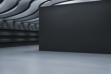 Aufkleber - Futuristic dark interior with wave ceiling and large black wall in empty showroom or studio space for mockup or presentation background design. 3D Rendering