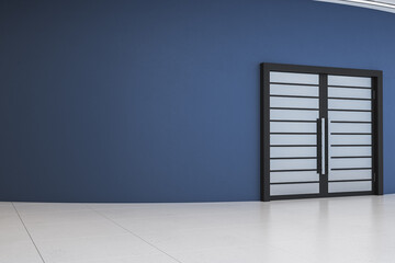 Poster - Modern empty corporate hallway with large glass door and blue wall, clean interior design concept and copy space template for business mockup. 3D Rendering