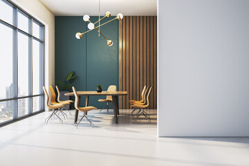 Fototapete - Modern dining room with wooden table and chairs, large windows, city view, and blank wall for poster mockup or signage placement. 3D Rendering