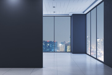 Poster - Modern empty office room interior with large glass windows overlooking illuminated city skyline at night, clean tiled floor and dark walls. 3D Rendering
