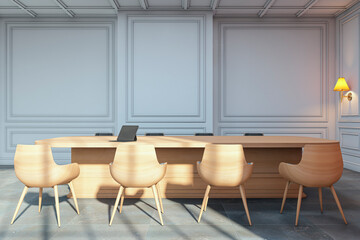 Poster - Modern luxury boardroom interior with wooden conference table, stylish chairs, classic wall paneling, and soft lighting setup in office space. 3D Rendering
