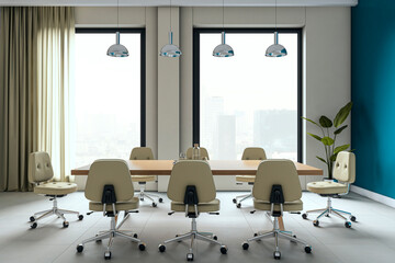 Poster - Modern executive conference room interior with large table, beige chairs, pendant lights, and city view through tall windows in office building. 3D Rendering