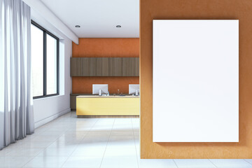 Poster - Modern reception office with light wood desk, orange accent wall, vertical canvas mockup for branding, and minimalist workspace interior design. 3D Rendering