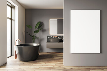 Fototapete - Modern luxury bathroom interior with black bathtub, wood floor, elegant sink, and vertical blank canvas on wall for mockup or display. 3D Rendering