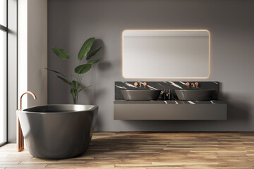 Poster - Modern luxury bathroom interior with black bathtub, wooden floor, dual sinks, and large mirror in minimalist upscale apartment style. 3D Rendering