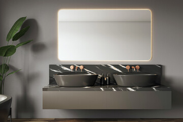 Fototapete - Modern dark bathroom interior with double sink, marble counter, illuminated mirror, and sleek furniture in contemporary upscale home setting. 3D Rendering