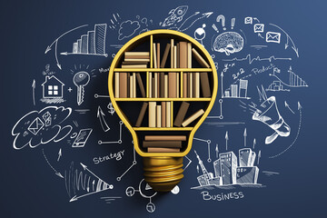 Fototapete - Creative concept of bookshelf shaped like lightbulb with books inside, surrounded by doodle-style business and education symbols on dark background. 3D Rendering