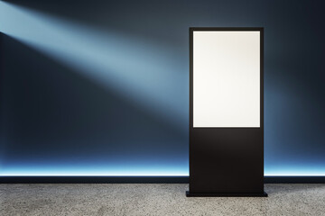 Fototapete - Vertical blank digital display stand mockup in dark hallway with dramatic spotlight and modern interior background for advertising concept. 3D Rendering