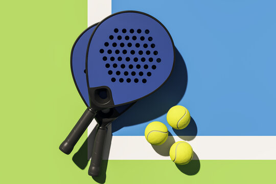 Blue padel rackets and yellow balls on colorful court surface under bright sunlight, symbolizing modern sport and hobby elements. 3D Rendering
