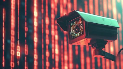 Poster - Surveillance Camera with Digital Data Stream in Red and Blue Lighting for Security and Technology Concepts 4k video footage