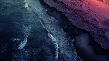 Wall Mural - aerial view of ocean waves crashing on a dramatic coastline at sunset.