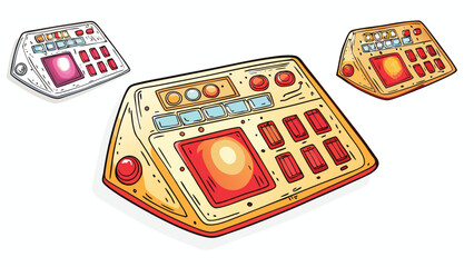 Three control panels with buttons and screens in different colors and perspectives are displayed