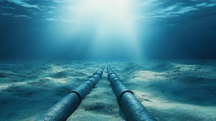 Poster - Underwater View of Cable or Pipe Leading Towards Surface Illuminated by Rays of Light in Ocean Environment 4k video footage