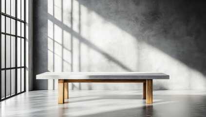 Wall Mural - minimalist empty room with a long wooden bench, concrete walls, and large grid windows casting shado