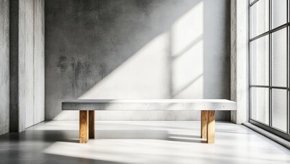 Wall Mural - minimalist concrete bench with wooden legs in a sunlit, industrial-style room featuring large window