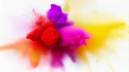 Poster - Vibrant burst of powder paint in multiple colors creates a captivating visual effect of explosion and movement on white backdrop.
