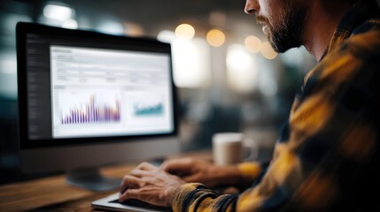Poster - A business owner tracks ad spend performance on a computer dashboard  long title A focused business owner analyzes advertising and sales performance