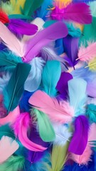 Poster - Vibrant assortment of colorful feathers creating a soft, textured background with a whimsical and playful aesthetic, perfect for creative projects.