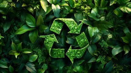 Wall Mural - lush green foliage backdrop with a recycling symbol formed from leaves, promoting eco-friendly pract