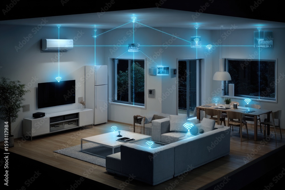 Smart home interior at night, showing interconnected devices Stock ...