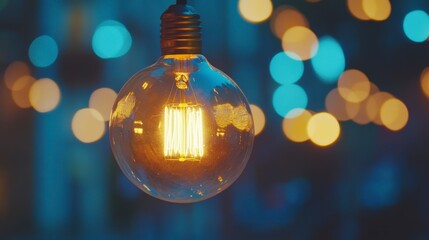Poster - glowing vintage lightbulb hanging with bokeh background.