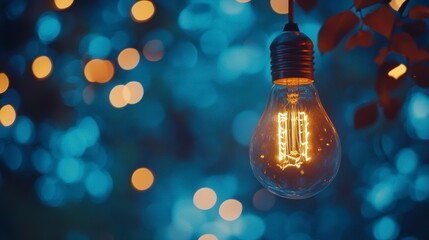 Poster - glowing light bulb hanging outdoors at night, bokeh background.