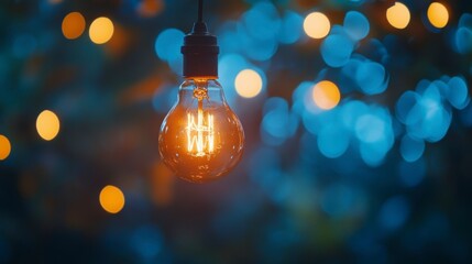 Wall Mural - glowing vintage light bulb hanging against a blurred background of blue and orange bokeh lights.