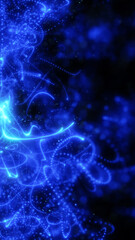 Poster - Glowing neon blue particles forming swirling abstract trails on a dark background